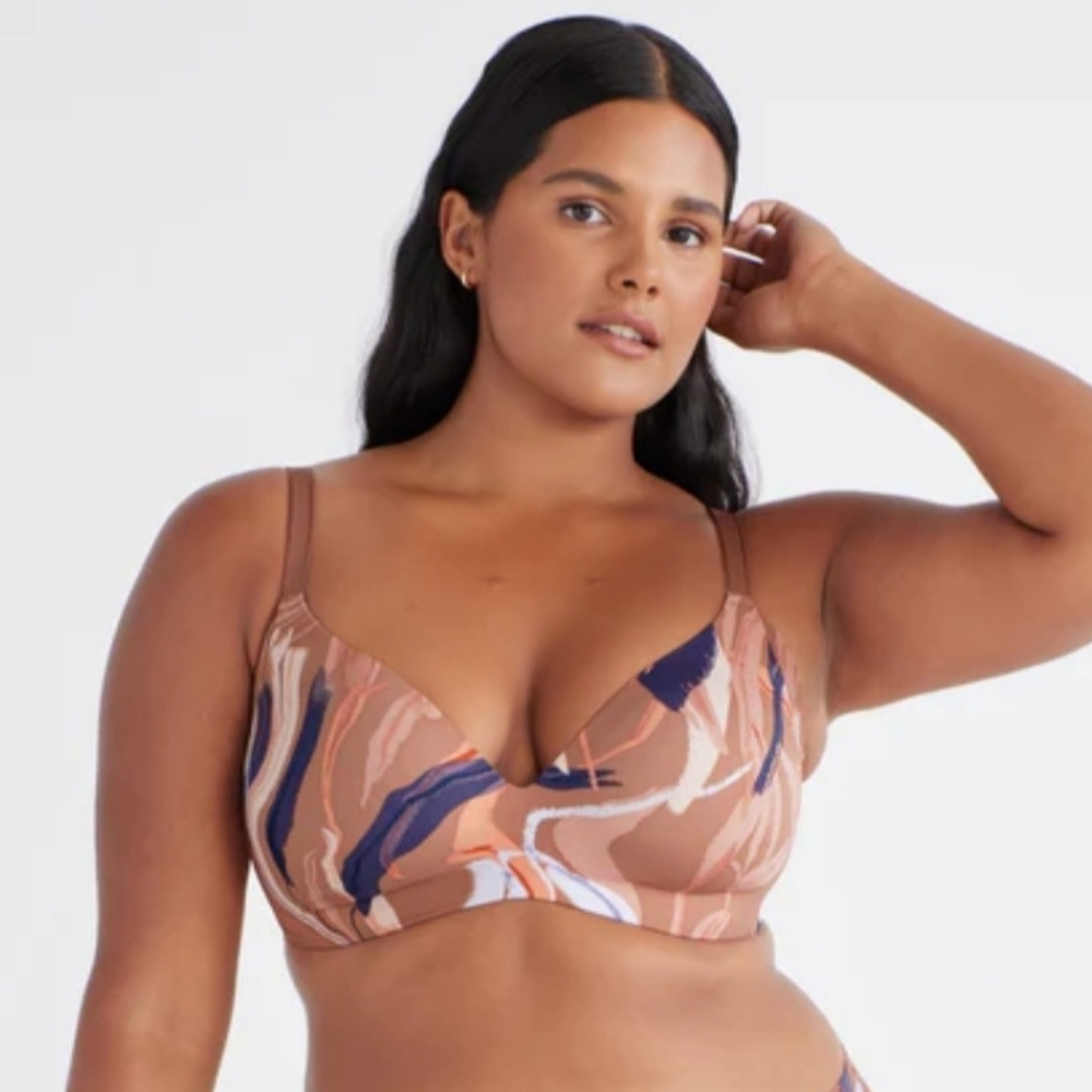 knix Abstract Print Plunge Bra in Brown, Navy & Pink